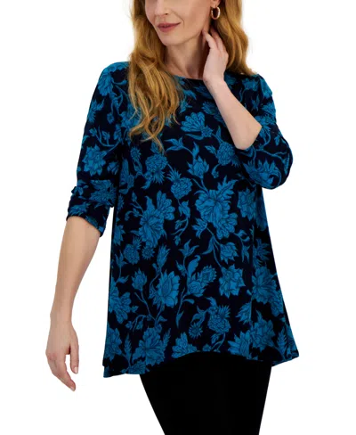 Jm Collection Woman's Elena Etch Knit Swing Top, Regular & Petite, Created For Macy's In Intrepid Blue Combo