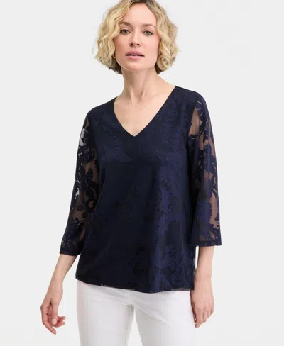 Jm Collection Women's 3/4 Sleeve Allover Burnout V-neck Top, Macy's Exclusive In Blue