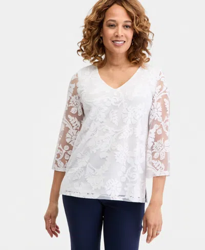 Jm Collection Women's 3/4 Sleeve Allover Burnout V-neck Top, Macy's Exclusive In White