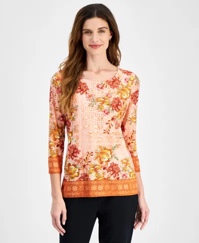 Jm Collection Women's 3/4 Sleeve Jacquard Printed Top, Created For Macy's In Rose Cloud Combo