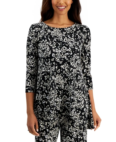 Jm Collection Women's 3/4 Sleeve Knit Dressing Printed Swing Top, Created For Macy's In Deep Black Combo