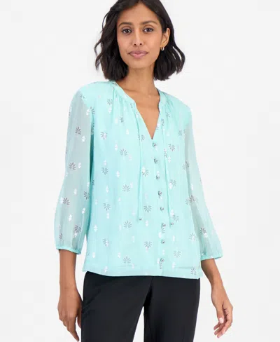 Jm Collection Women's 3/4 Sleeve Metallic-print Tie-neck Blouse, Macy's Exclusive In Icy Morning