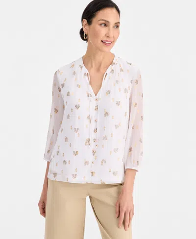 Jm Collection Women's 3/4 Sleeve Metallic-print Tie-neck Blouse, Macy's Exclusive In White