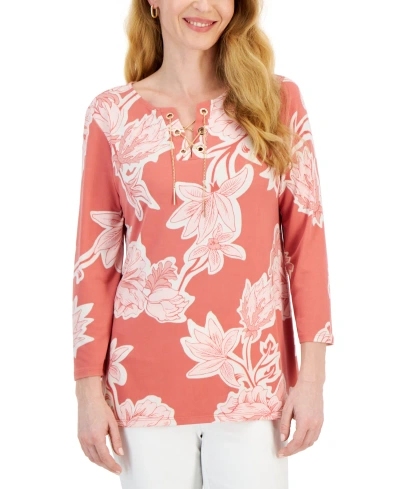 Jm Collection Women's 3/4 Sleeve Printed Chain Lace-up Tunic, Created For Macy's In Peach Bliss
