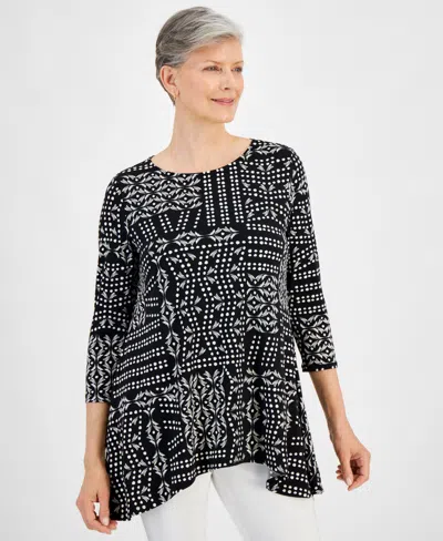 Jm Collection Women's 3/4 Sleeve Printed Jacquard Top, Created For Macy's In Deep Black Combo