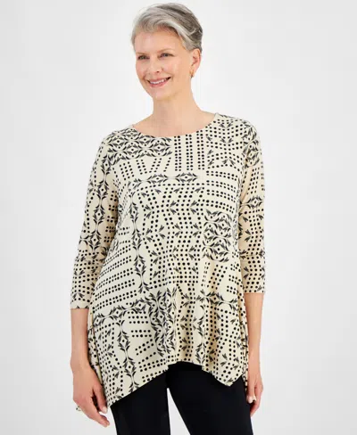 Jm Collection Women's 3/4 Sleeve Printed Jacquard Top, Created For Macy's In Stone Combo