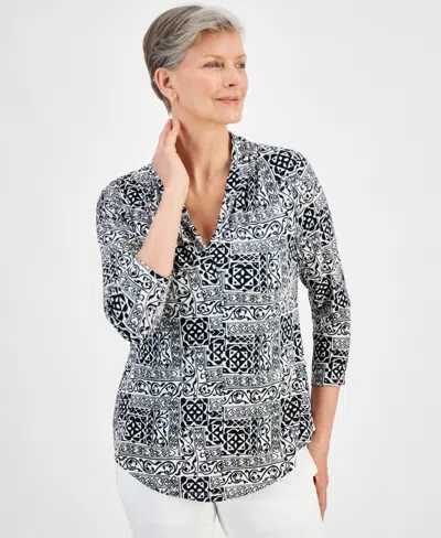 Jm Collection Women's 3/4 Sleeve Printed Pleated-neck Top, Created For Macy's In Neo Natural Combo