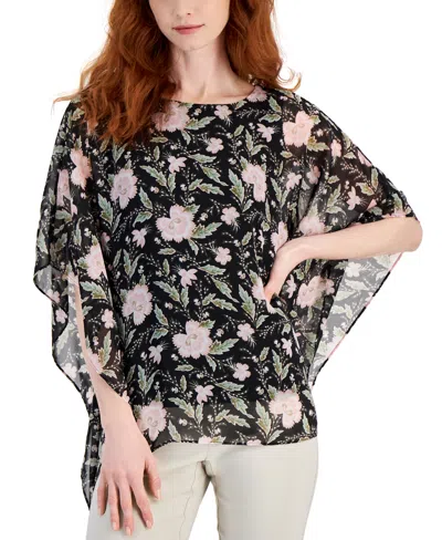 Jm Collection Women's 3/4 Sleeve Printed Poncho Top, Created For Macy's In Deep Black Combo