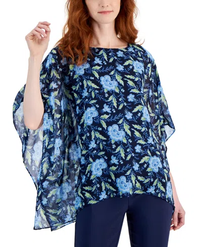 Jm Collection Women's 3/4 Sleeve Printed Poncho Top, Created For Macy's In Intrepid Blue Combo