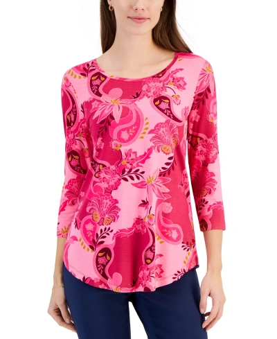 Jm Collection Women's 3/4 Sleeve Printed Top, Created For Macy's In Claret Rose Combo