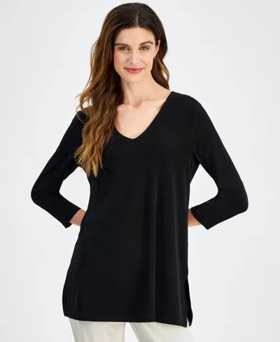 Jm Collection Women's 3/4-sleeve Swing V-neck Top, Created For Macy's In Deep Black Combo