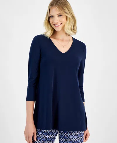 Jm Collection Women's 3/4-sleeve Swing V-neck Top, Created For Macy's In Intrepid Blue Combo