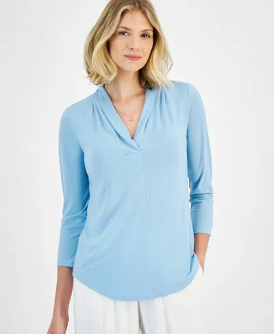Jm Collection Women's 3/4 Sleeve V-neck Pleat Top, Created For Macy's In Icicle Blue