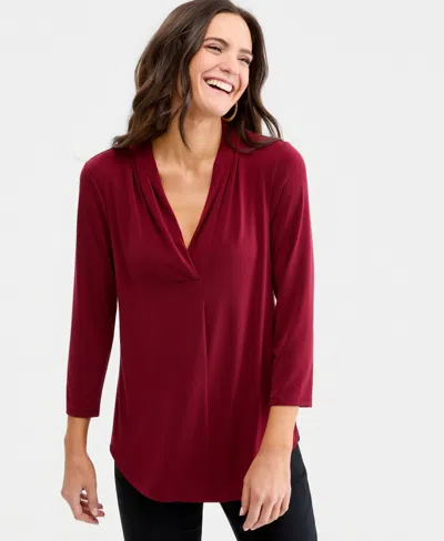 Jm Collection Women's 3/4 Sleeve V-neck Knit Top, Created For Macy's In Burgundy