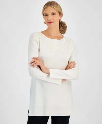 Jm Collection Petite Lace-applique Fashion Sweater, Created For Macy's In Neo Natural