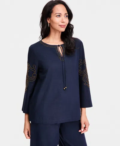 Jm Collection Women's Bead-embellished Linen-blend Top, Macy's Exclusive In Blue