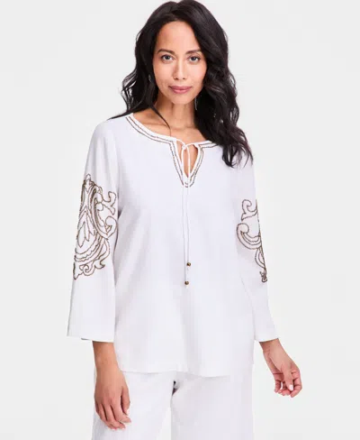 Jm Collection Women's Bead-embellished Linen-blend Top, Macy's Exclusive In White