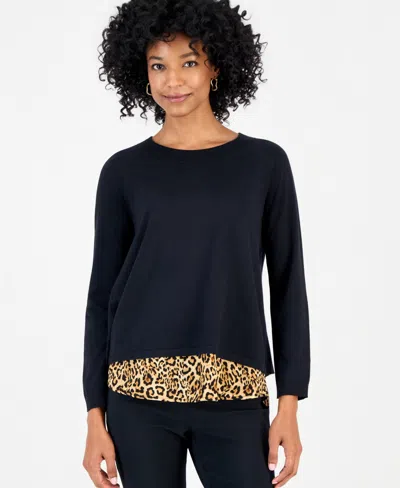 Jm Collection Women's Bold Leopard Two-fer Split Back Sweater, Macy's Exclusive In Deep Black