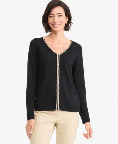 Jm Collection Women's Braided Lurex Trim V-neck Long-sleeve Pullover, Macy's Exclusive In Black