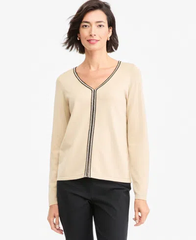 Jm Collection Women's Braided Lurex Trim V-neck Long-sleeve Pullover, Macy's Exclusive In Neutral