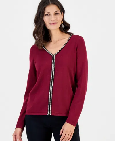 Jm Collection Women's Braided Lurex Trim V-neck Long-sleeve Pullover, Macy's Exclusive In Red