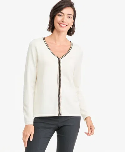 Jm Collection Women's Braided Lurex Trim V-neck Long-sleeve Pullover, Macy's Exclusive In White