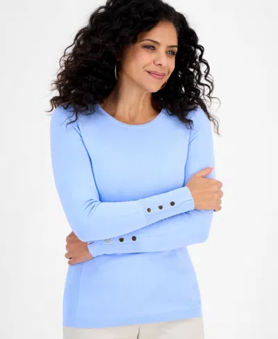 Jm Collection Women's Button-sleeve Crewneck Sweater, Created For Macy's In Blue
