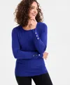 Jm Collection Women's Button-sleeve Crewneck Sweater, Created For Macy's In Blue