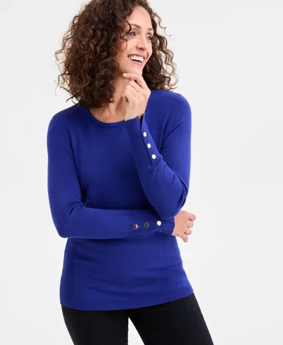 Jm Collection Women's Button-sleeve Crewneck Sweater, Created For Macy's In Blue