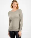 Jm Collection Women's Button-sleeve Crewneck Sweater, Created For Macy's In Gray