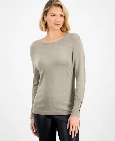 Jm Collection Women's Button-sleeve Crewneck Sweater, Created For Macy's In Gray