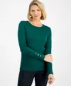 Jm Collection Women's Button-sleeve Crewneck Sweater, Created For Macy's In Green