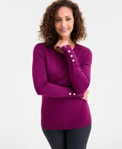 Jm Collection Women's Button-sleeve Crewneck Sweater, Created For Macy's In Purple