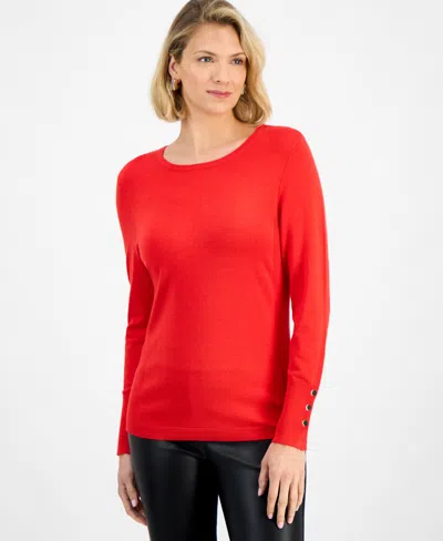 Jm Collection Women's Button-sleeve Crewneck Sweater, Created For Macy's In Red