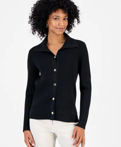 Jm Collection Women's Button-collared Ribbed-knit Cardigan, Macy's Exclusive In Black