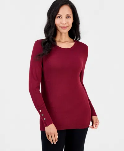 Jm Collection Women's Button-sleeve Crewneck Sweater, Created For Macy's In Cherry Pie