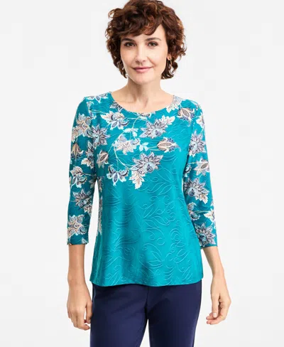 Jm Collection Women's Carlot Floral-print 3/4-sleeve Jacquard T-shirt, Macy's Exclusive In Blue