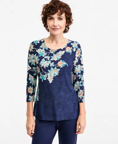 Jm Collection Womens Carlot Floral Print 3 4 Sleeve Jacquard T Shirt Macys Exclusive In Blue