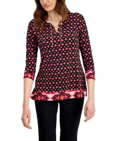 Jm Collection Women's Chain Lace-up Border-print Tunic, Created For Macy's In Deep Black Combo