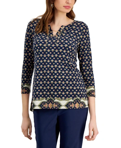 Jm Collection Women's Chain Lace-up Border-print Tunic, Created For Macy's In Intrepid Blue Combo