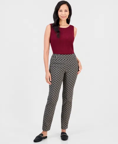 Jm Collection Women's Chain Rivet Pull-on Straight Geometric-print Rayon-blend Pants, Macy's Exclusive In Black