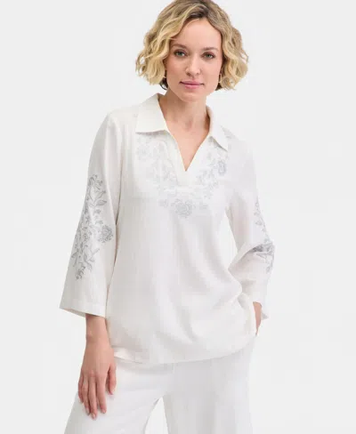 Jm Collection Women's Collared Embroidered Linen-blend 3/4-sleeve Top, Macy's Exclusive In White