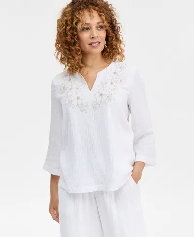 Jm Collection Women's Cotton Beaded Gauze Top, Macy's Exclusive In Multi