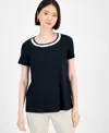 Jm Collection Women's Cotton Beaded-neck T-shirt, Exclusively At Macy's In Black