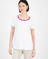 Jm Collection Women's Cotton Beaded-neck T-shirt, Exclusively At Macy's In White