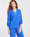 Jm Collection Petite Cotton Gauze Embellished-neck Top, Exclusively At Macy's In Blue Illusion