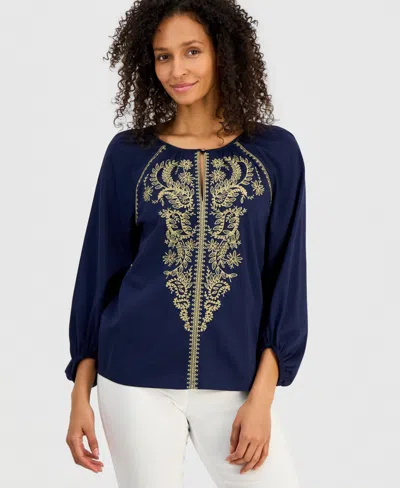 Jm Collection Women's Cotton Embroidered 3/4-sleeve Top, Macy's Exclusive In Blue
