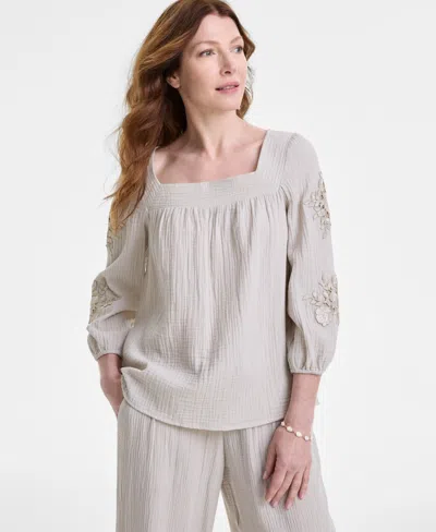 Jm Collection Petite Cotton Square-neck Floral-applique Top, Exclusively At Macy's In Stonewall
