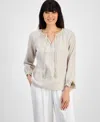 Jm Collection Women's Cotton Gauze Split-neck Beaded Top, Exclusively At Macy's In Stonewall