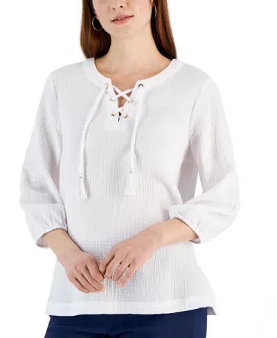 Jm Collection Women's Cotton Gauze Tasseled Lace-up Top, Created For Macy's In Bright White